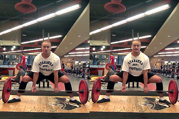 When your knees are not pushed out (left), your hips are further away from the bar and your back angle is more horizontal. Compare the position to the one on the right. Get your knees out.