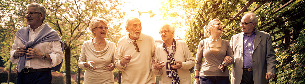 A group of elderly friends walking at sunset